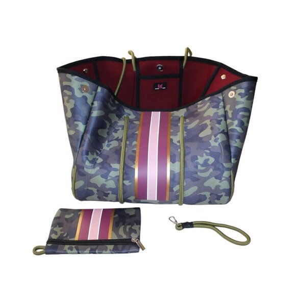 Taylor Gray Carell Large Neoprene Camo green & grey Tote Pink and purple stripes - Picture 12 of 12